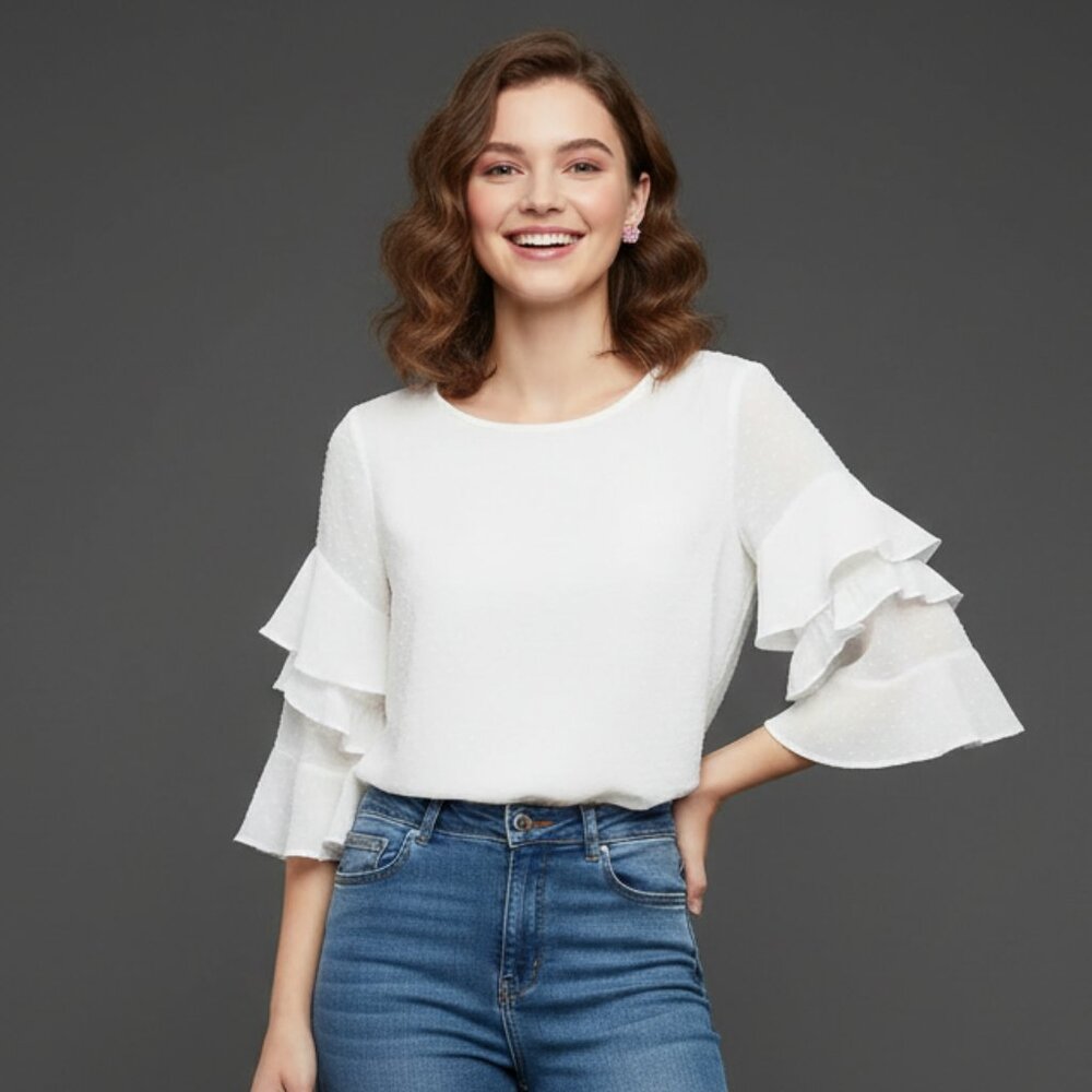 SANCTUARY White  Ruffle Peasant Blouse Small Tie Neck Boho